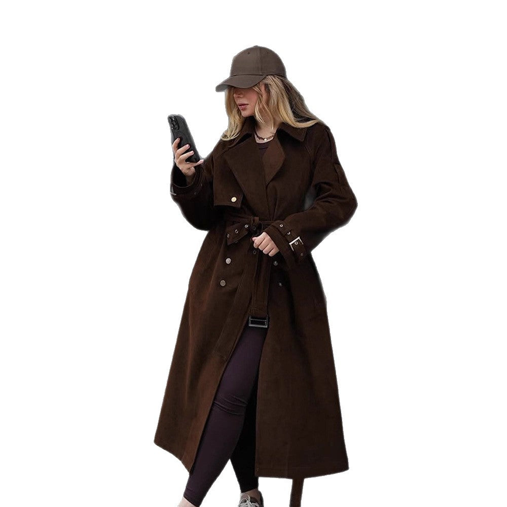 Women's Maxi Length Trench Coat in Velour Look with Double-Breasted Button Placket and Oversized Cut Mune Fashion