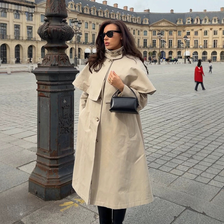 Ladies Oversize Trench Coat with Cape Detail and High Stand Collar Mune Fashion