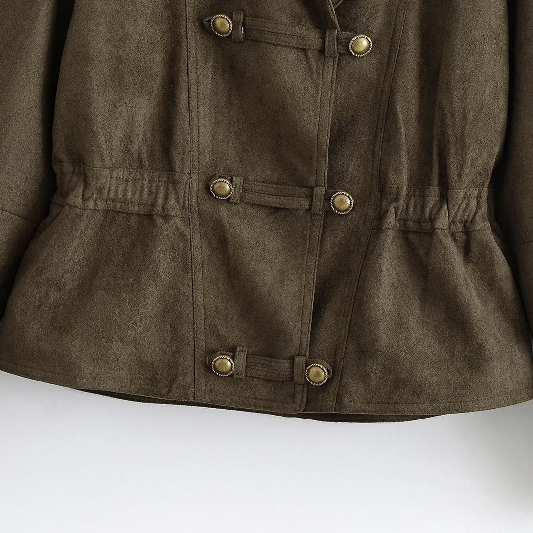 Women's Cropped Suede-Look Jacket with Shawl Collar, Waist Gather and Decorative Toggle Buttons Mune Fashion
