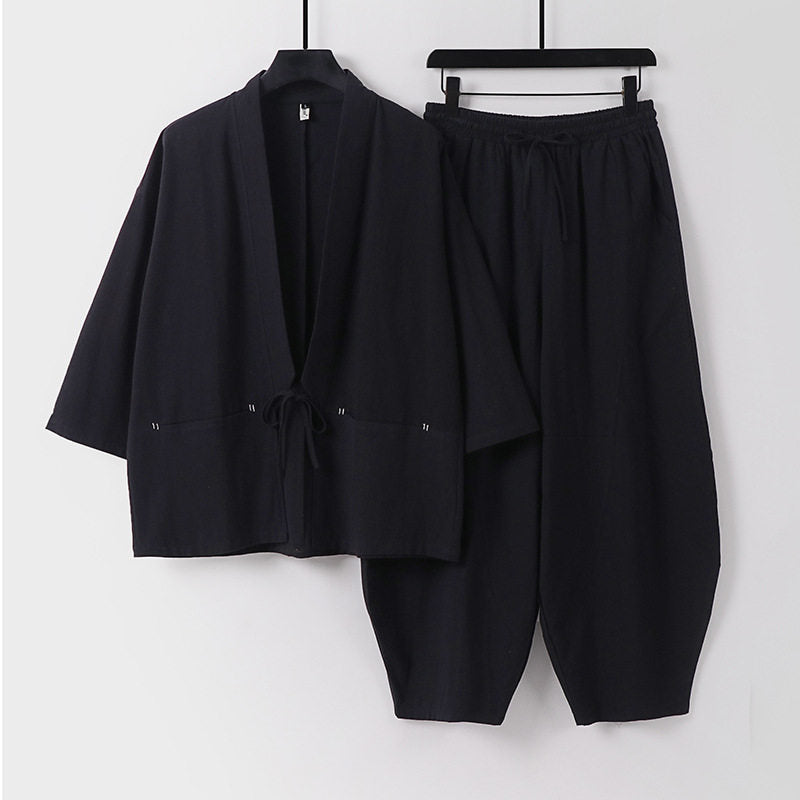 Unisex Modern Kimono Lounge Set made of soft cotton blend with short jacket, drawstring pants and ruffled ankles Mune Fashion