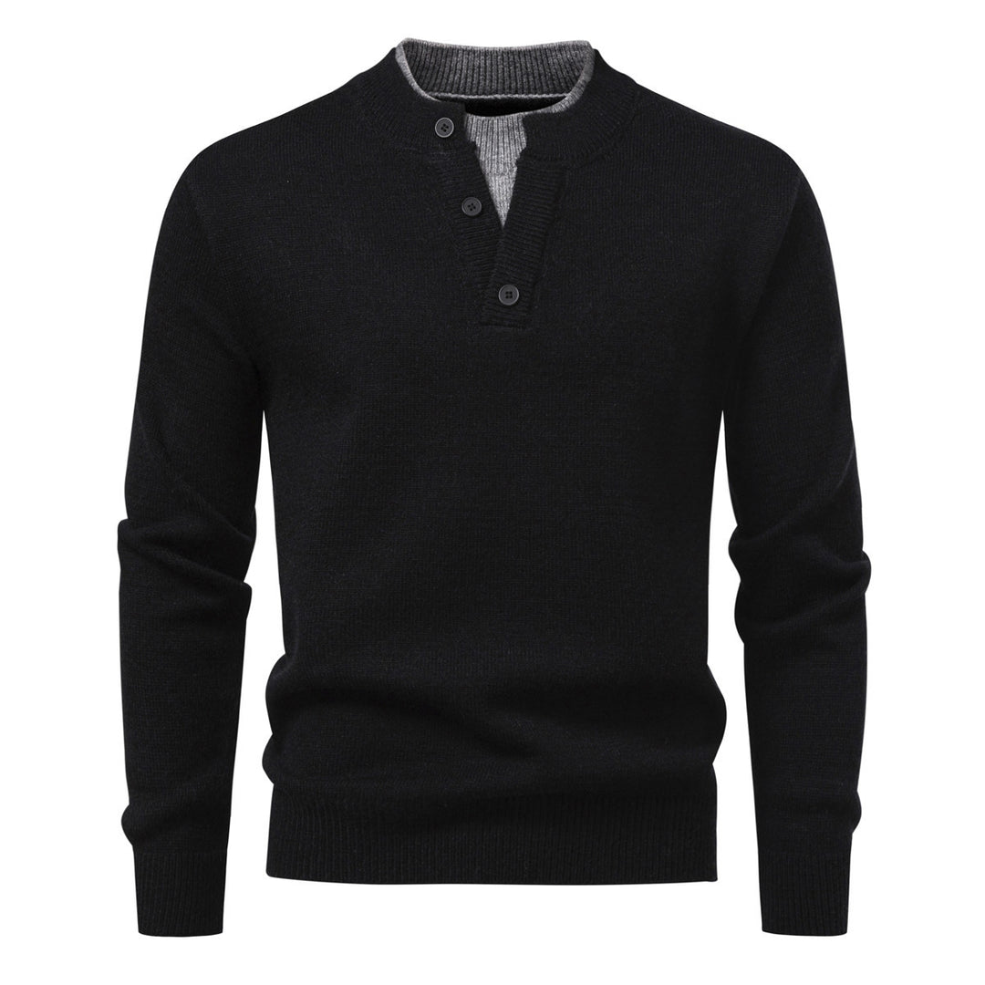 Men's fine-knit Henley pullover with short button placket and ribbed stand-up collar Mune Fashion
