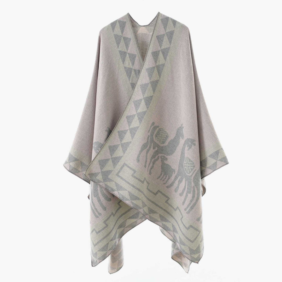 Women's Jacquard Poncho with Riding Motif and Geometric Border Pattern Mune Fashion