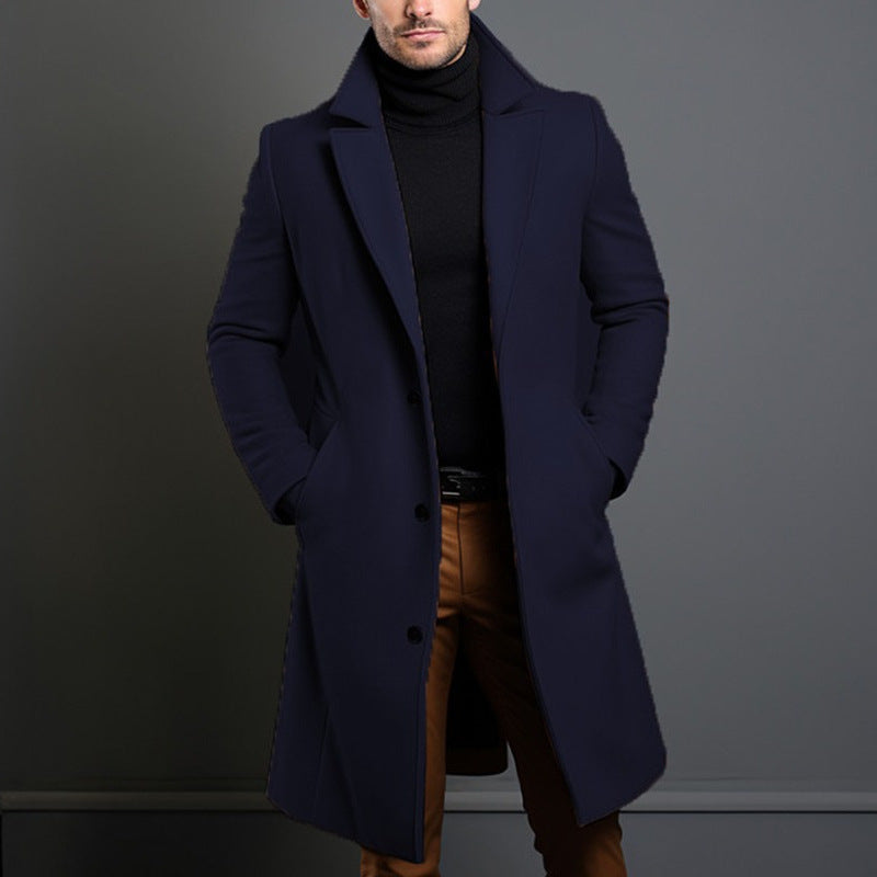 Men's Longer Tailored Wool Coat with Lapel Collar and Flap Pockets Mune Fashion