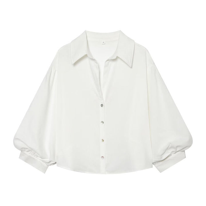 Women Cropped Boxy Blouse with Wide Balloon Sleeves and Shirt Collar Mune Fashion