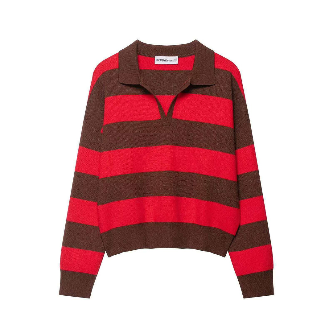 Women striped rugby knit sweater with polo collar and loose oversized fit Mune Fashion