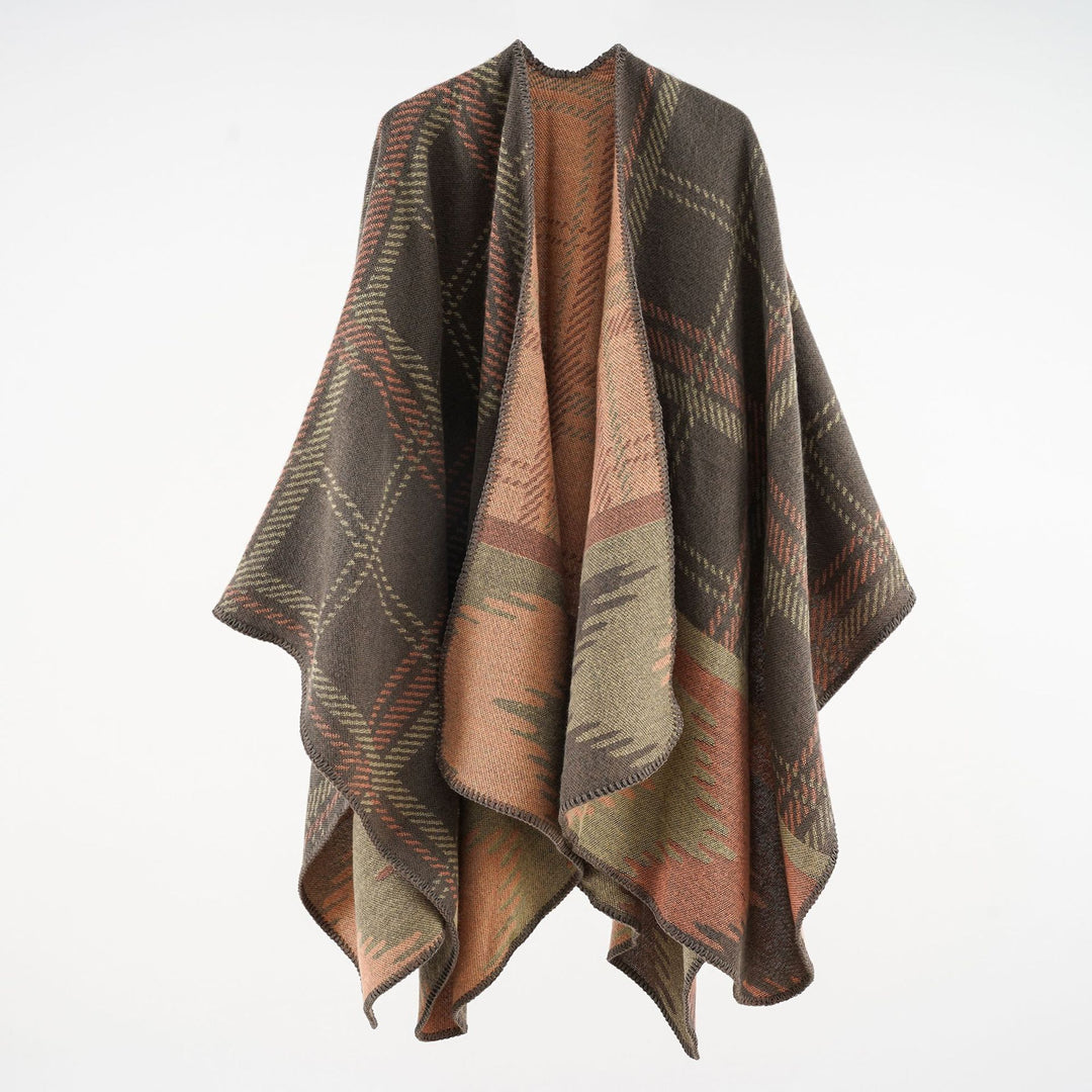 Women's coarse-woven ruana overlay made of a wool blend with structured check weaving Mune Fashion
