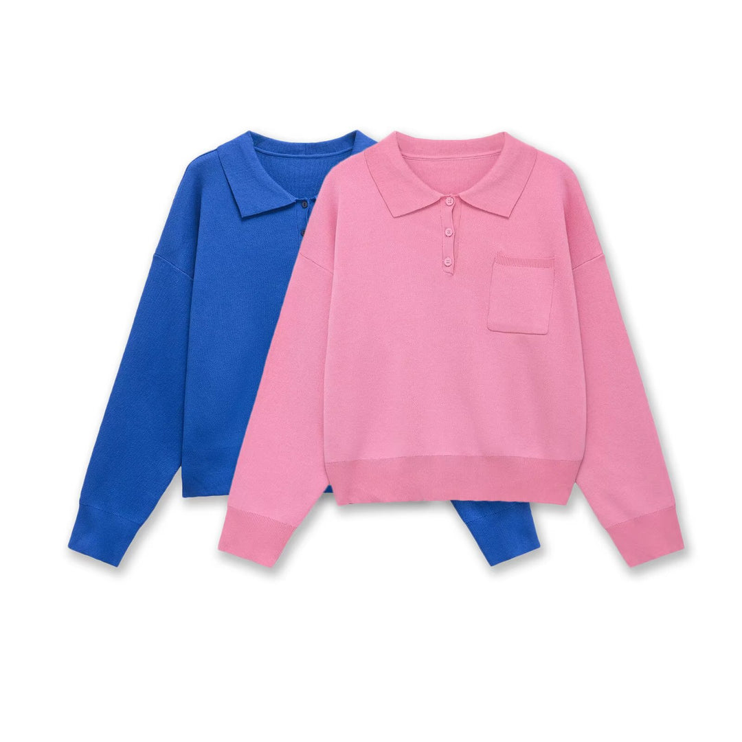 Women's Knit Polo Sweater with Button Placket, Chest Pocket, and Drop Shoulder Mune Fashion