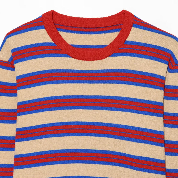 Women's Striped Fine Knit Sweater with Round Neckline and Extended Ribbed Cuffs Mune Fashion
