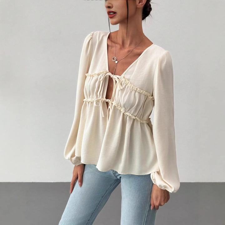 Women's babydoll blouse top with double tying system and balloon sleeves Mune Fashion