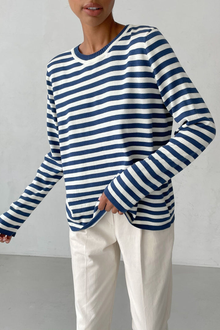 Women's striped cotton sweater with round neck and relaxed fit Mune Fashion