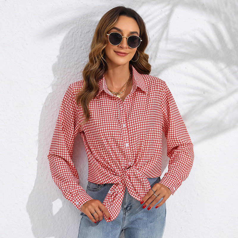 Women knotted houndstooth blouse with shirt collar and continuous button placket Mune Fashion