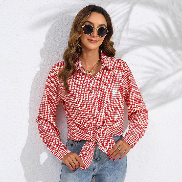 Women knotted houndstooth blouse with shirt collar and continuous button placket Mune Fashion