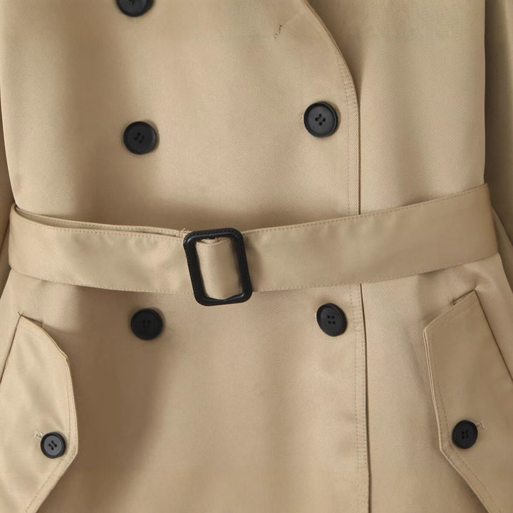 Women's Short Tailored Double-Breasted Trench with Cape Sleeves and Tie Belt Mune Fashion