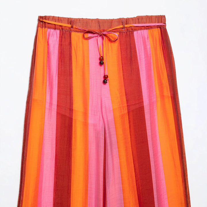 Women's Wide Culotte Pants with Drawstring Waist and Vertical Stripes Mune Fashion