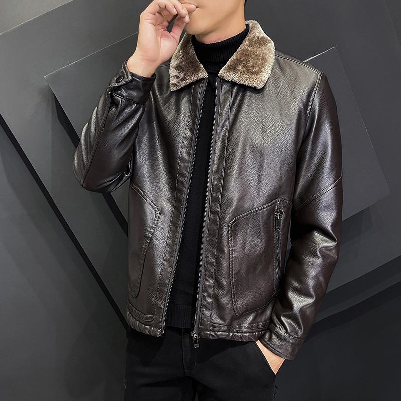 Men's Elegant Faux Leather Bomber Jacket with Warm Teddy Collar & Two-Way Zipper Mune Fashion