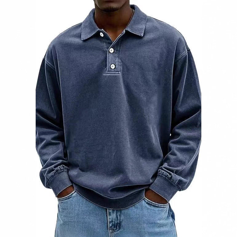 Men's casual polo shirt sweatshirt with collar, vintage wash and three-piece button placket Mune Fashion