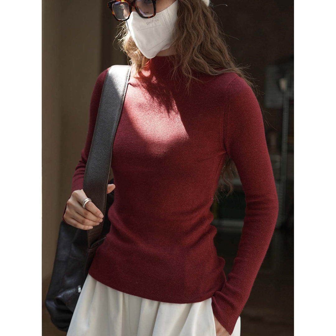 Women's Figure-Hugging Ribbed Knit Sweater with Short Stand-Up Collar and Extended Sleeves Mune Fashion