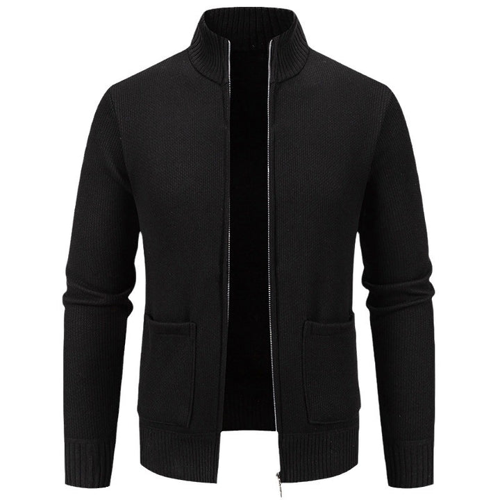 Men's finely structured zip-up knitted cardigan with stand-up collar and patch pockets Mune Fashion