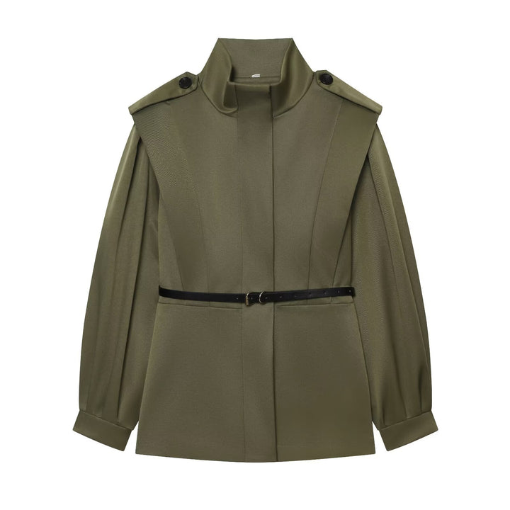 Women's Short Cape Trench Coat with Stand Collar, Shoulder Patches and Waist Belt Mune Fashion