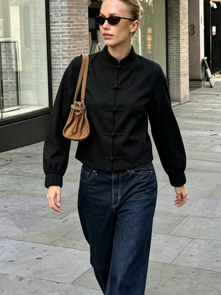 Women's short jacket with stand-up collar, Chinese knot closures, and elastic cuffs Mune Fashion