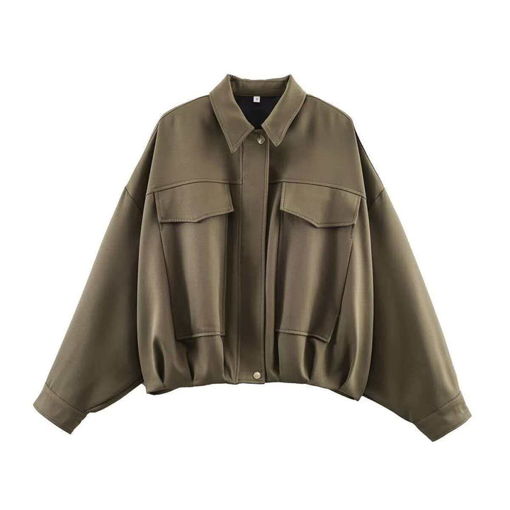 Women's oversized short utility blouson jacket with shirt collar, large patch pockets, and tailored cuffs Mune Fashion