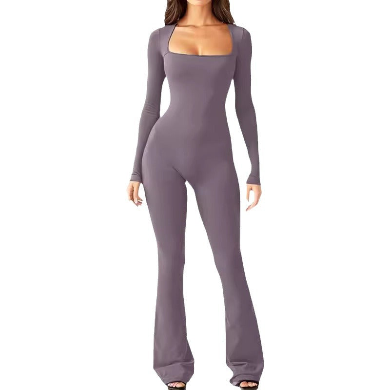 Women's form-fitting long-sleeve jumpsuit with square neckline and flared pants Mune Fashion