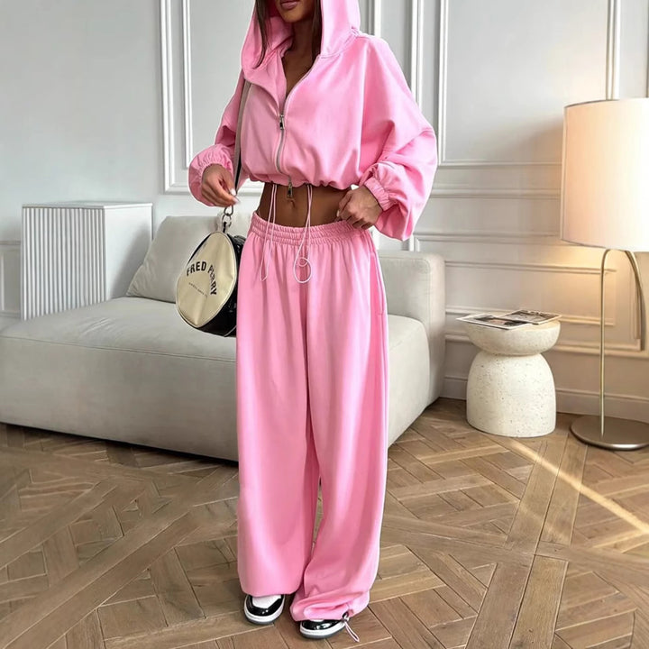 Women's crop zipper hoodie and wide-cut high-waist lounge pants set Mune Fashion