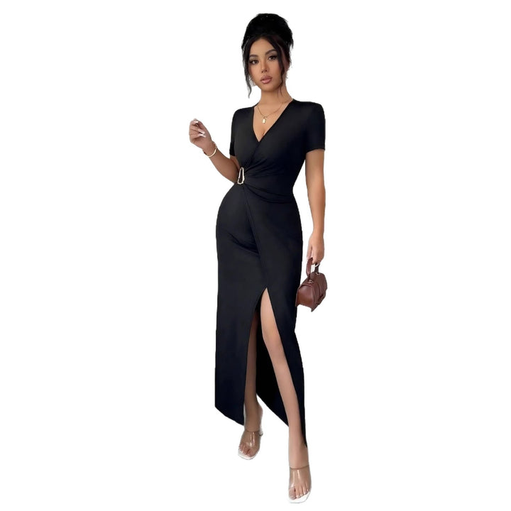 Womens bodycon wrap midi dress with V-neck, waist ring and high thigh slit Mune Fashion