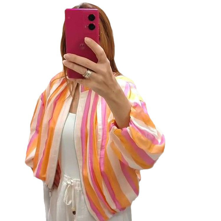 Women's Striped Bomber Jacket with Balloon Sleeves and Short Cropped Cut Mune Fashion