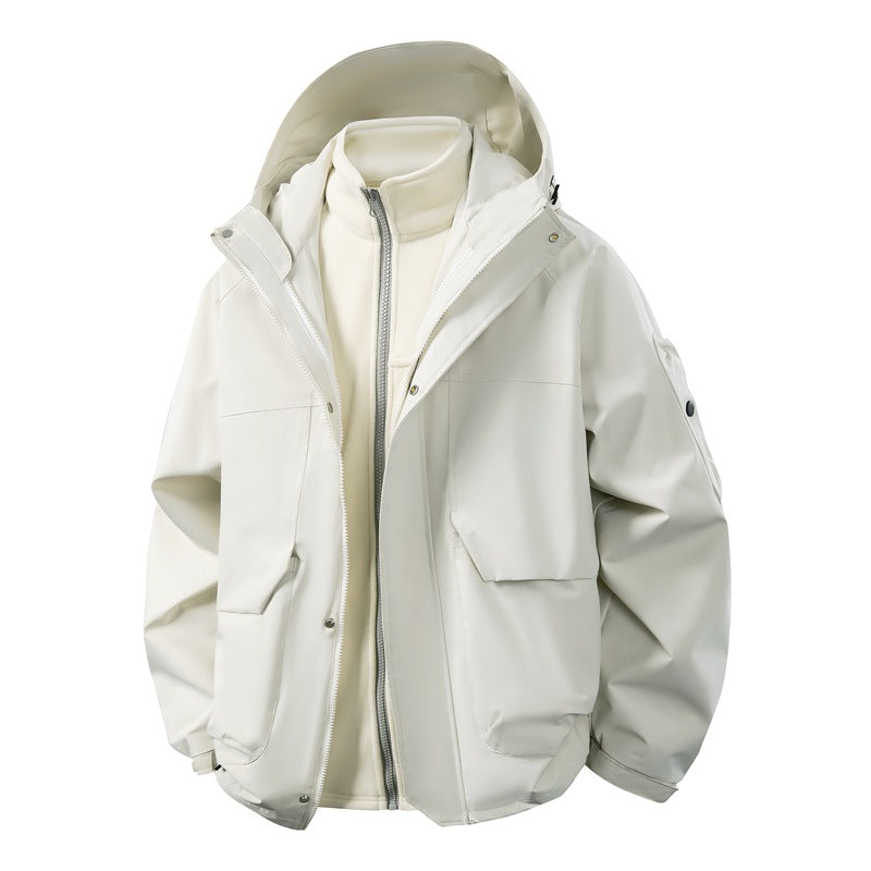 Unisex two-layer softshell parka with removable fleece inner layer, hood, and utility pockets Mune Fashion