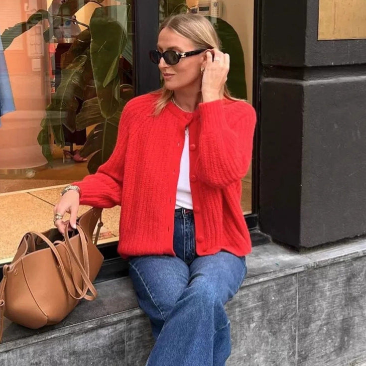 Women chunky knitted raglan cardigan with balloon sleeves and full button placket Mune Fashion
