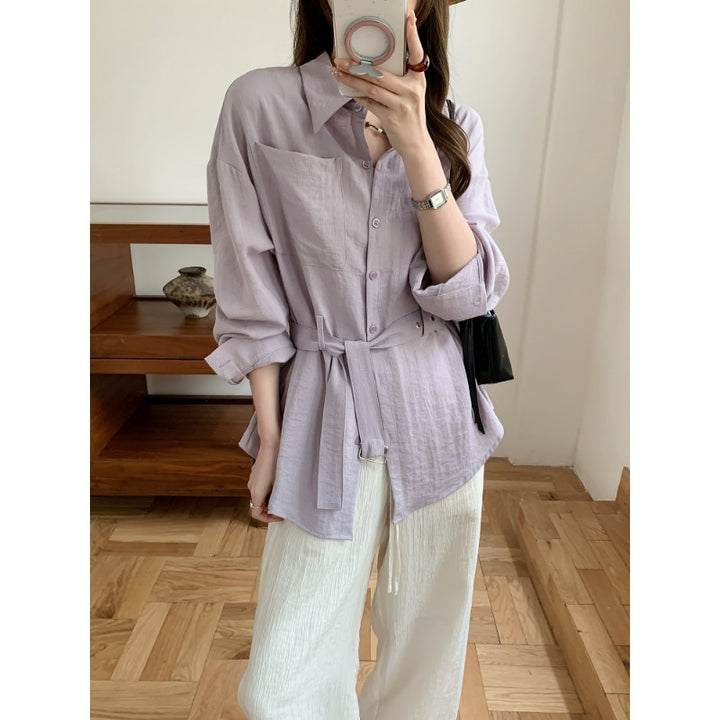 Women's Loose-Fit Linen Shirt Blouse with Waist Belt and Breast Pocket Mune Fashion