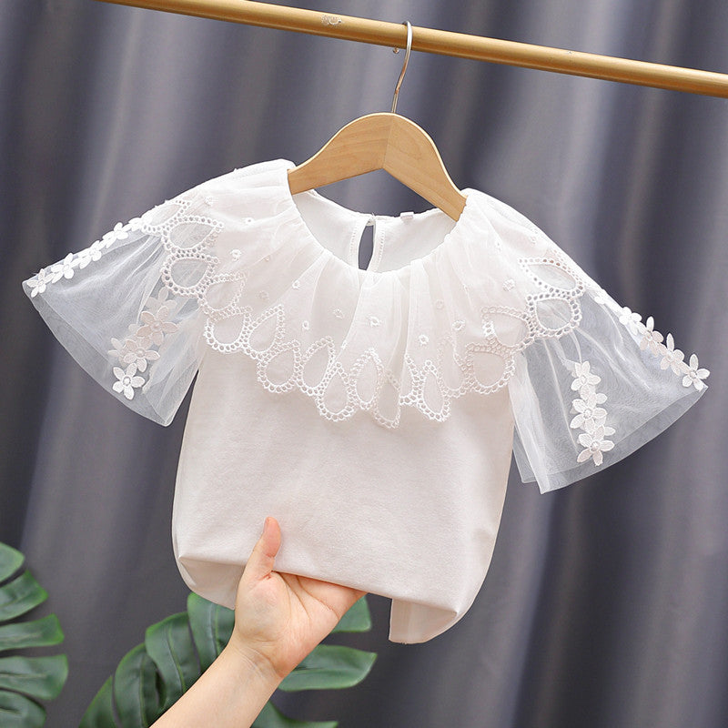 Girl's blouse with floral embroidery and tulle sleeves Mune Fashion