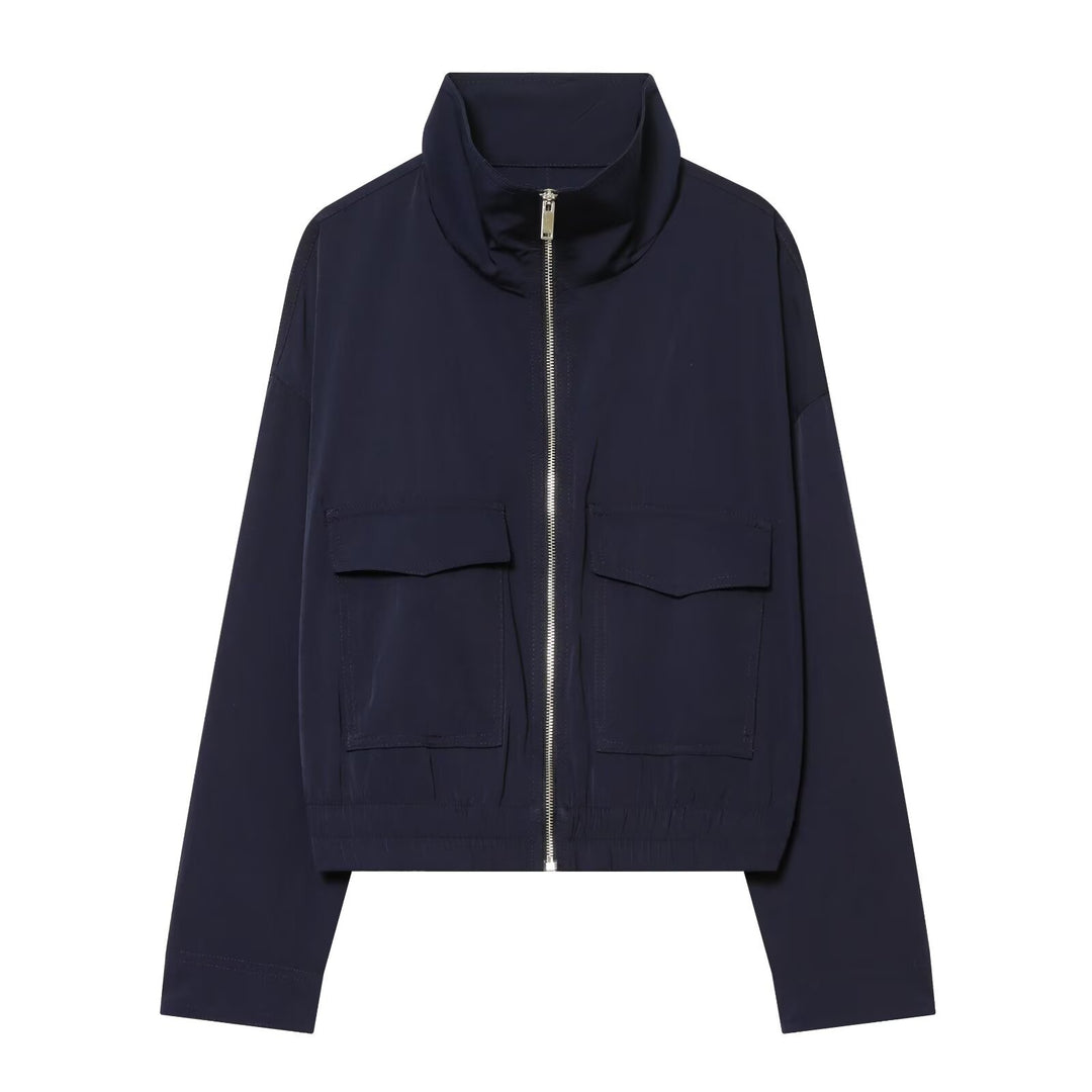 Women Cropped Bomber Jacket with Stand-up Collar, Full-Length Zipper and Applied Flap Pockets Mune Fashion