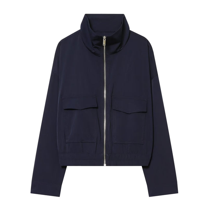 Women Cropped Bomber Jacket with Stand-up Collar, Full-Length Zipper and Applied Flap Pockets Mune Fashion