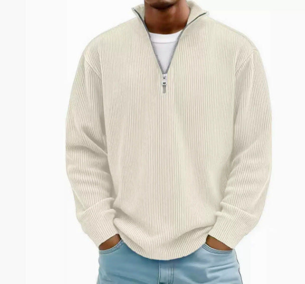 Men's Ribbed Half-Zip Knit Sweater with Stand Collar and Relaxed Fit Mune Fashion