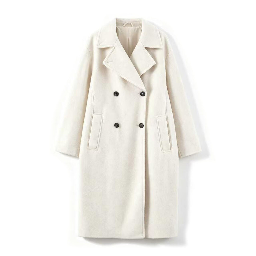Women Mid-Length Wool Blend Double-Breasted Coat with Wide Lapels and Side Pockets Mune Fashion