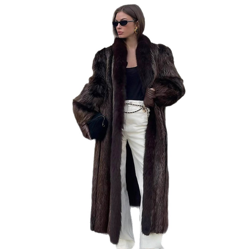 Women Luxurious Long Fur Coat with Wide Collar and Voluminous Sleeves Mune Fashion