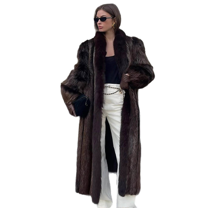 Women Luxurious Long Fur Coat with Wide Collar and Voluminous Sleeves Mune Fashion