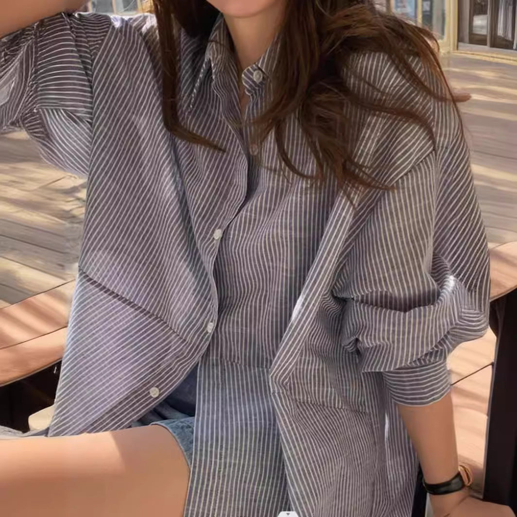 Women Longline Striped Shirt with Boxy Oversize Fit and Kent Collar Mune Fashion