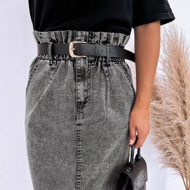 Women's High-Waisted Paperbag Denim Midi Skirt with Front Slit and Tied Belt Mune Fashion