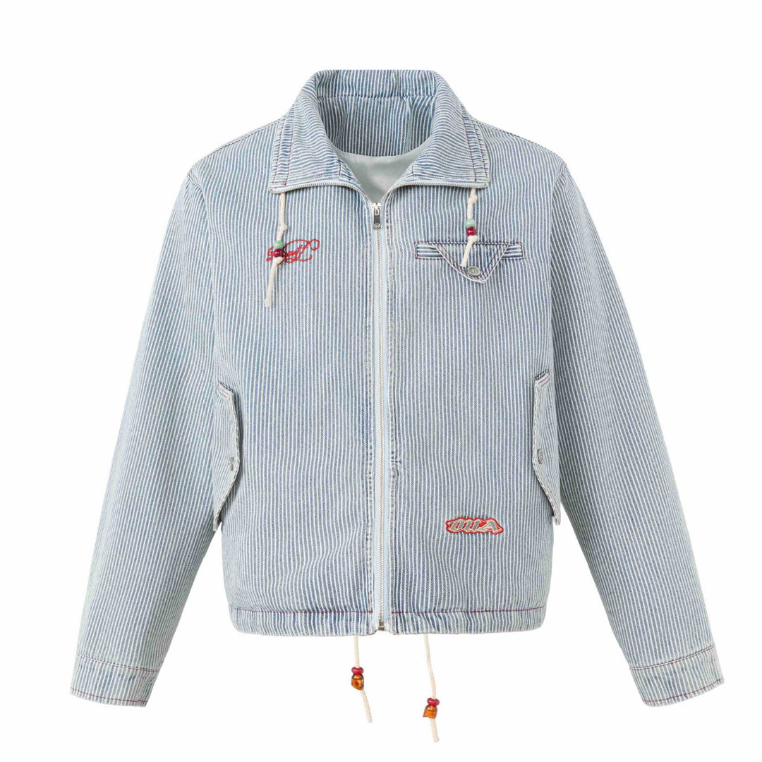 Unisex Short Striped Denim Blouson Jacket with Decorative Cords Mune Fashion