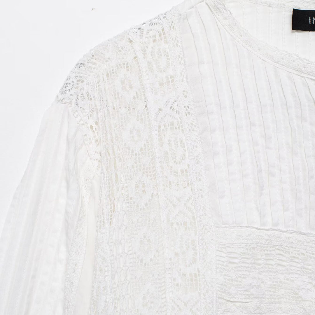 Ladies Romantic Lace Blouse with Pleated Front, Lace Panels and Balloon Sleeves Mune Fashion
