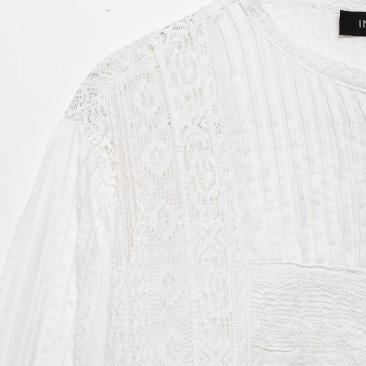 Ladies Romantic Lace Blouse with Pleated Front, Lace Panels and Balloon Sleeves Mune Fashion