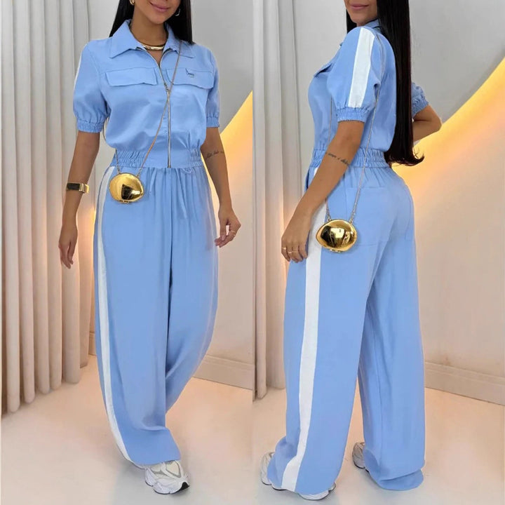 Women's Casual Two-Piece Jumpsuit with Zipper, Short Sleeve and Wide Palazzo Pants Leg Drune