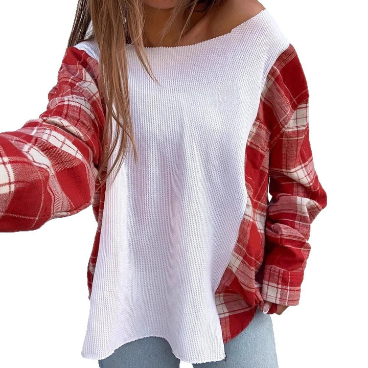 Women's oversized long-sleeve shirt in mixed material with textured waffle knit front and checkered sleeve section Mune Fashion