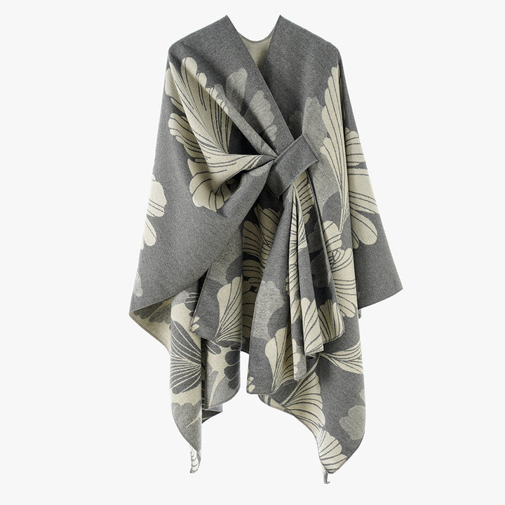 Women's Oversize Jacquard Cape made of wool blend with floral jacquard and front loop Mune Fashion