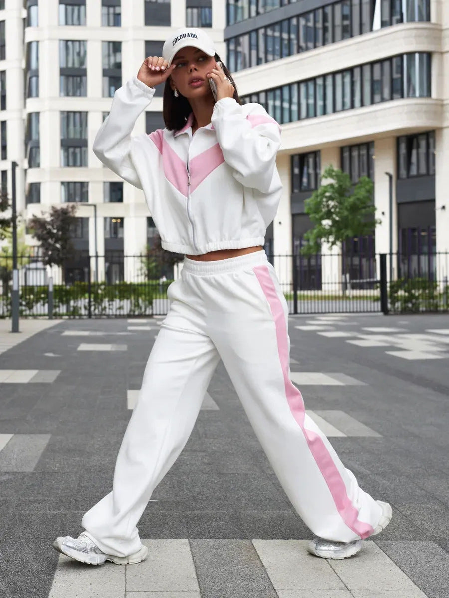 Women's cropped zip jacket and wide track pants with contrasting side stripe Mune Fashion