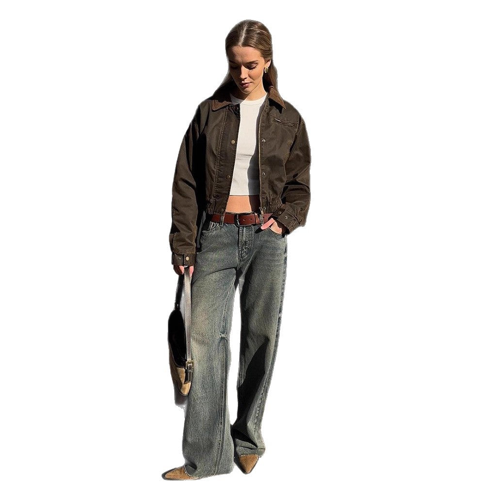 Women's Short Quilted Blouson Jacket in Leopard Pattern with Cord Collar Mune Fashion