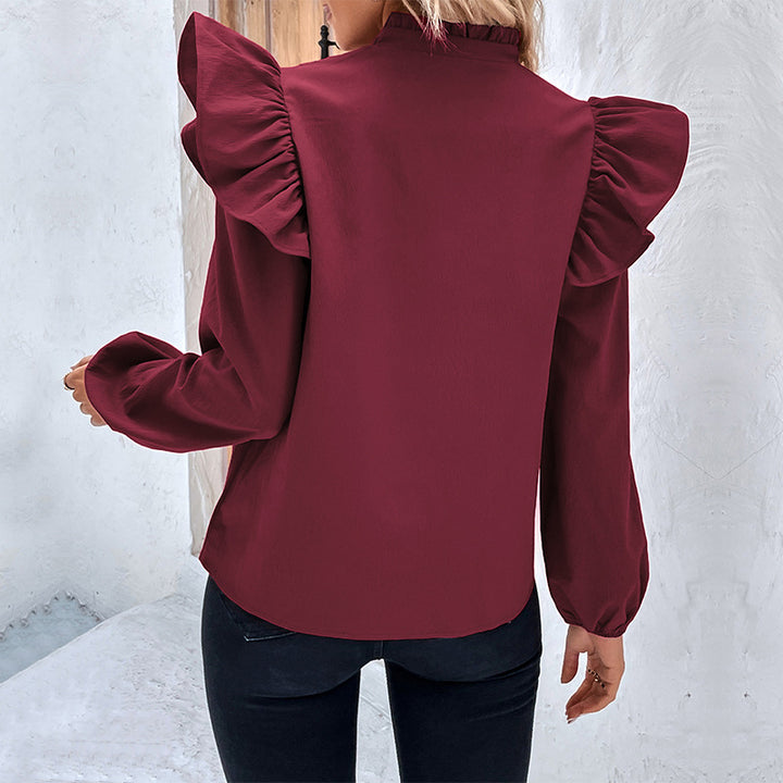 Women's Romantic Ruffled Blouse with Stand Collar, V-Neck and Balloon Sleeves Mune Fashion